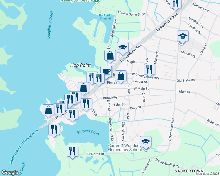 map of restaurants, bars, coffee shops, grocery stores, and more near 321 West Main Street in Crisfield
