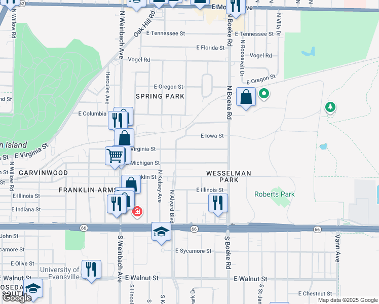 map of restaurants, bars, coffee shops, grocery stores, and more near 2225 East Virginia Street in Evansville