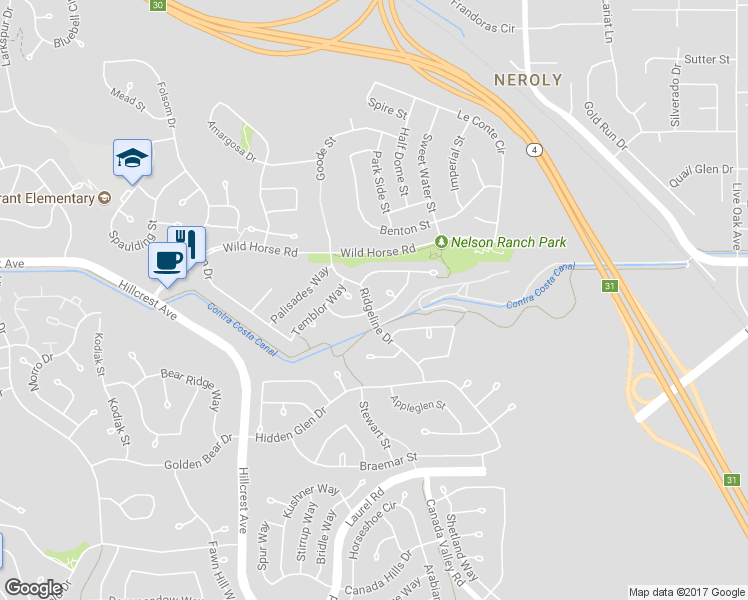 map of restaurants, bars, coffee shops, grocery stores, and more near 4609 Ridgeline Drive in Antioch