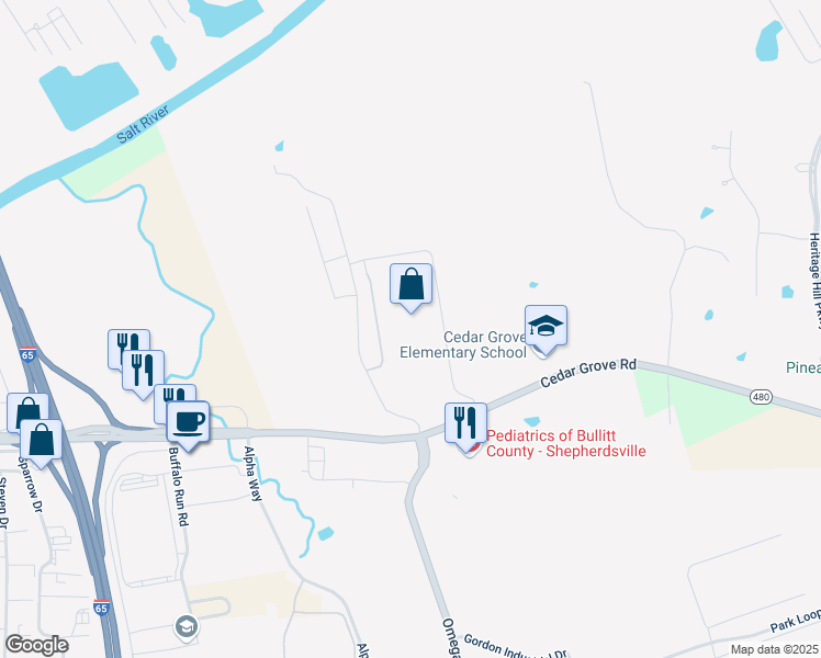 map of restaurants, bars, coffee shops, grocery stores, and more near 376 Zappos.com Boulevard in Shepherdsville