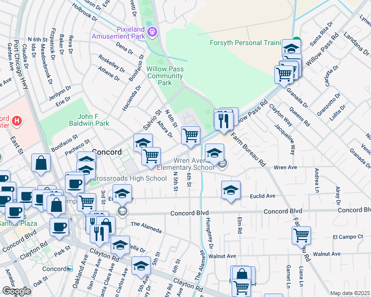 map of restaurants, bars, coffee shops, grocery stores, and more near 3195 Willow Pass Road in Concord