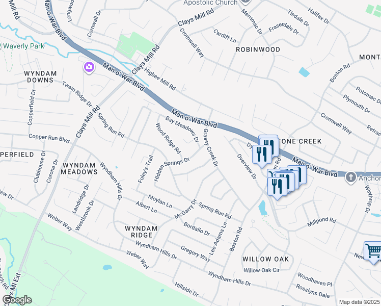map of restaurants, bars, coffee shops, grocery stores, and more near 3821 Hidden Springs Drive in Lexington