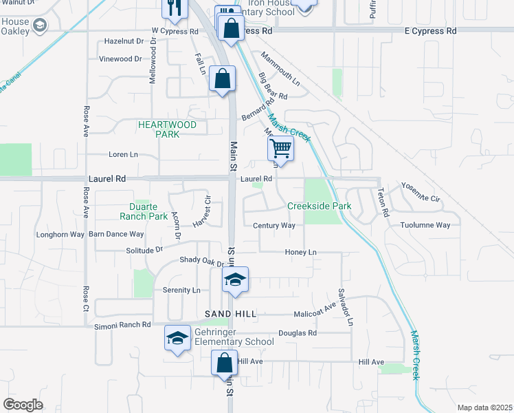 map of restaurants, bars, coffee shops, grocery stores, and more near 580 Hacienda Drive in Oakley