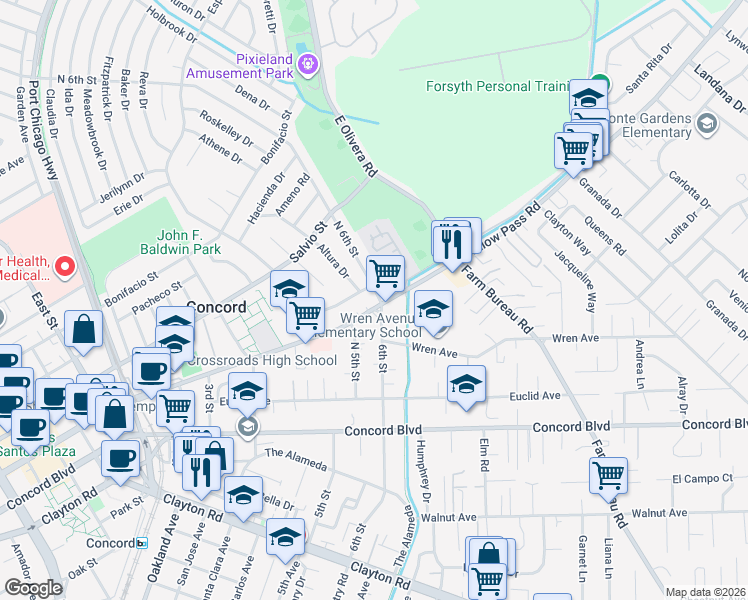 map of restaurants, bars, coffee shops, grocery stores, and more near 3180 Willow Pass Road in Concord