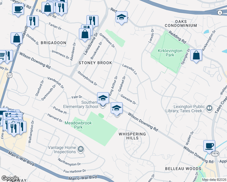 map of restaurants, bars, coffee shops, grocery stores, and more near 3585 King Arthur Drive in Lexington