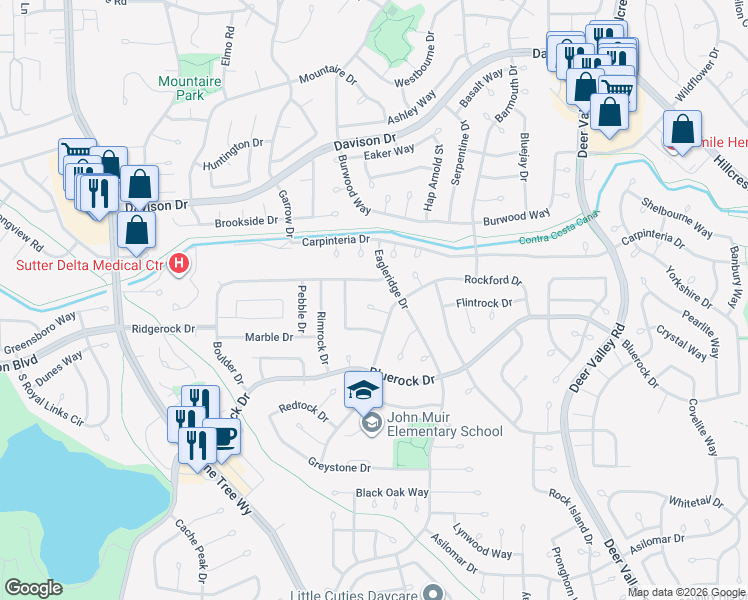 map of restaurants, bars, coffee shops, grocery stores, and more near 409 Agate Court in Antioch