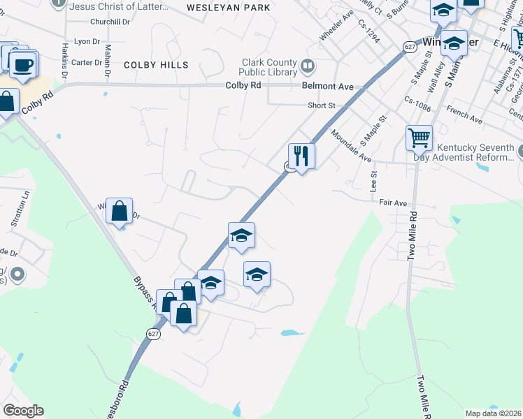 map of restaurants, bars, coffee shops, grocery stores, and more near 550 Boone Avenue in Winchester