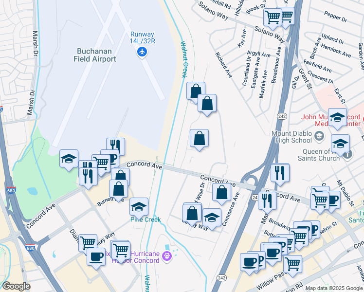 map of restaurants, bars, coffee shops, grocery stores, and more near 2341 Stanwell Drive in Concord