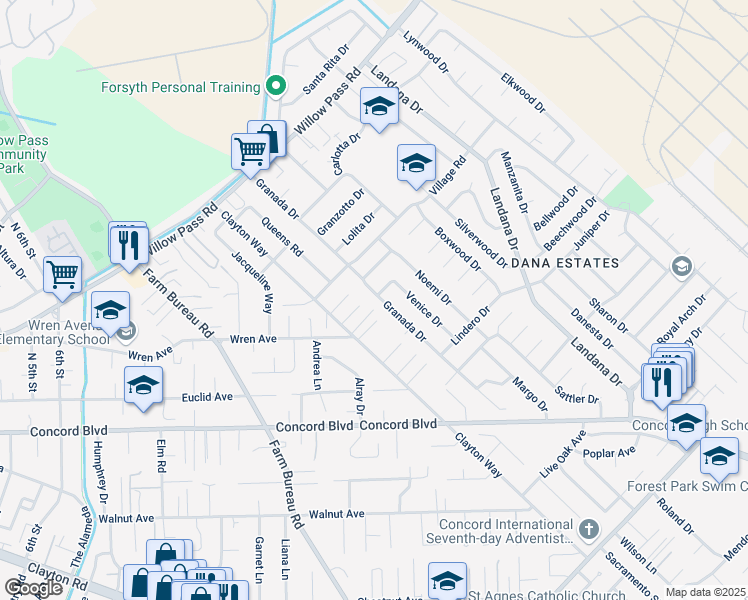 map of restaurants, bars, coffee shops, grocery stores, and more near 1835 Granada Drive in Concord