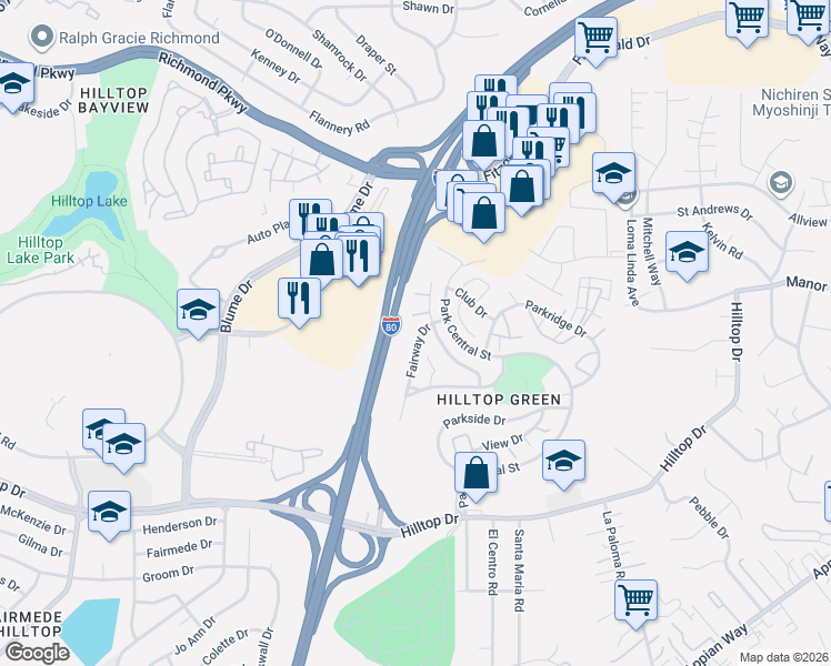 map of restaurants, bars, coffee shops, grocery stores, and more near 1243 Fairway Drive in Richmond