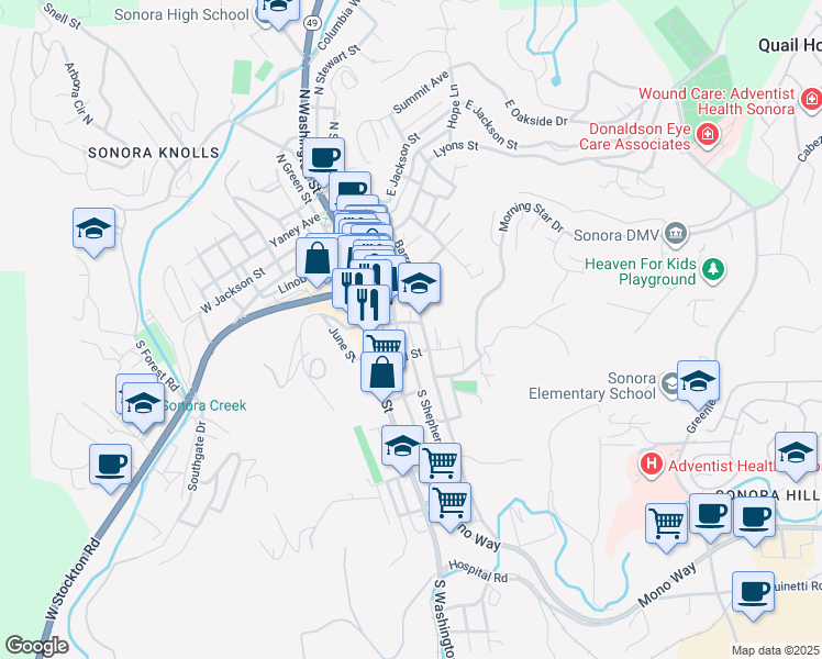 map of restaurants, bars, coffee shops, grocery stores, and more near 299 South Stewart Street in Sonora