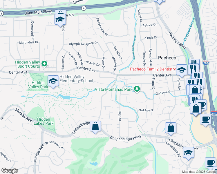map of restaurants, bars, coffee shops, grocery stores, and more near 101 Lance Court in Martinez