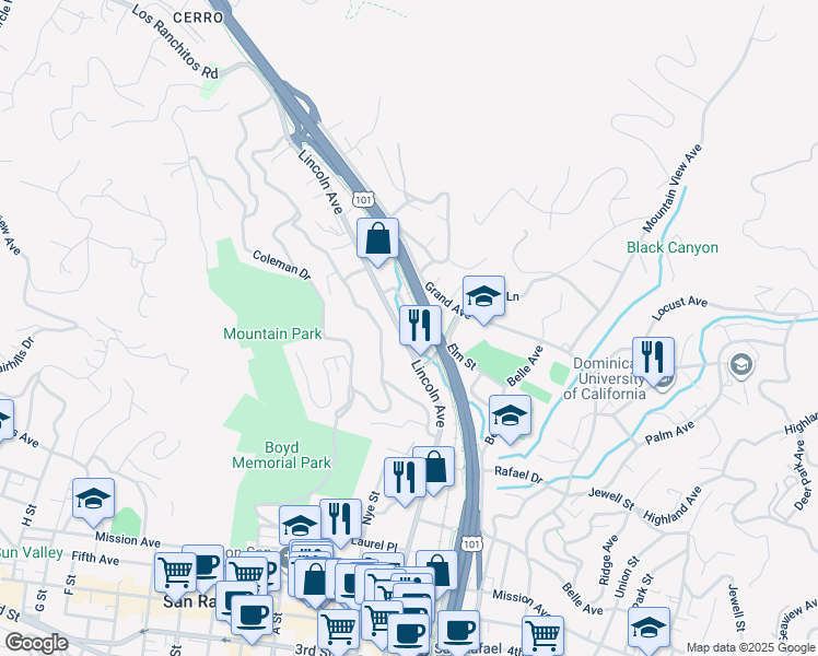map of restaurants, bars, coffee shops, grocery stores, and more near 1516 Lincoln Avenue in San Rafael