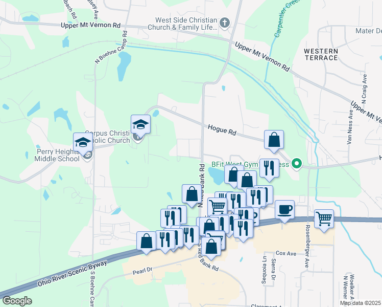 map of restaurants, bars, coffee shops, grocery stores, and more near 5135 South Tower Drive in Evansville