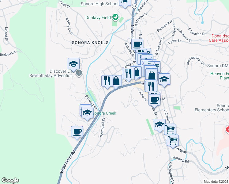 map of restaurants, bars, coffee shops, grocery stores, and more near 265 West Stockton Street in Sonora