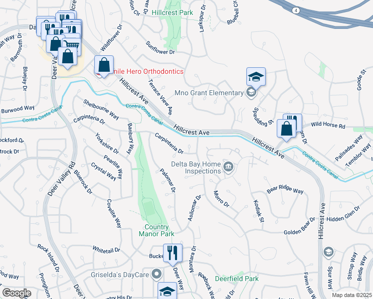 map of restaurants, bars, coffee shops, grocery stores, and more near 4012 Benbow Court in Antioch