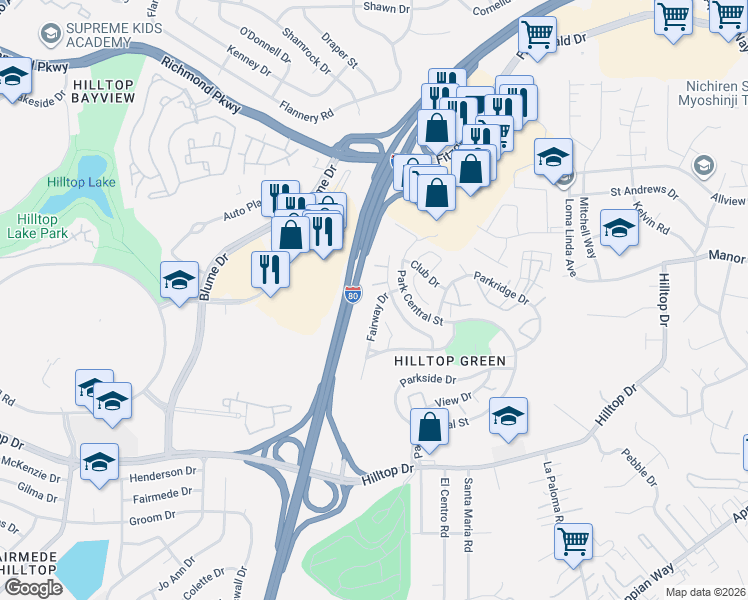 map of restaurants, bars, coffee shops, grocery stores, and more near 1243 Fairway Drive in Richmond