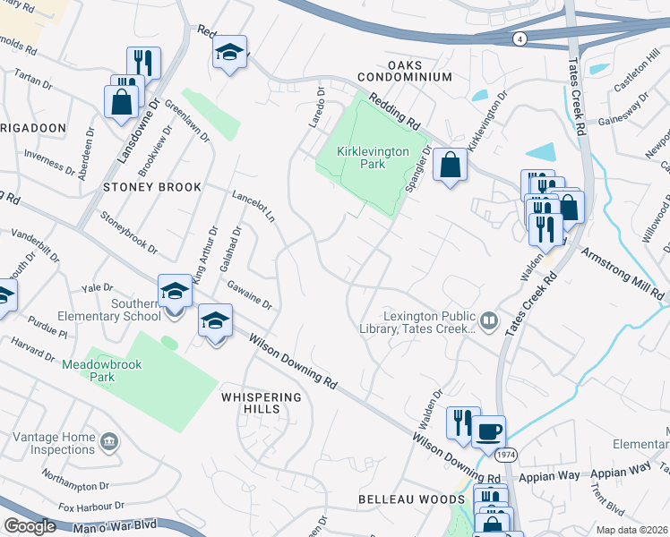 map of restaurants, bars, coffee shops, grocery stores, and more near 3604 Laredo Drive in Lexington