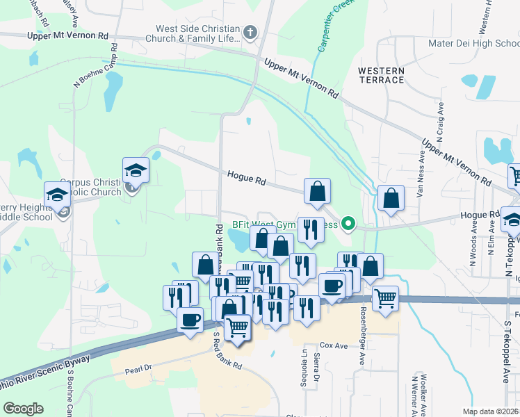 map of restaurants, bars, coffee shops, grocery stores, and more near 4613 Lakeside Drive in Evansville