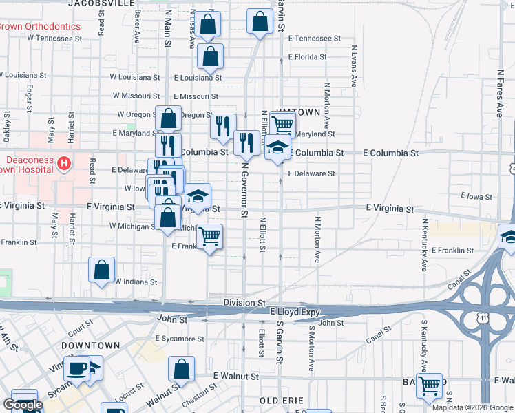 map of restaurants, bars, coffee shops, grocery stores, and more near 421 East Virginia Street in Evansville
