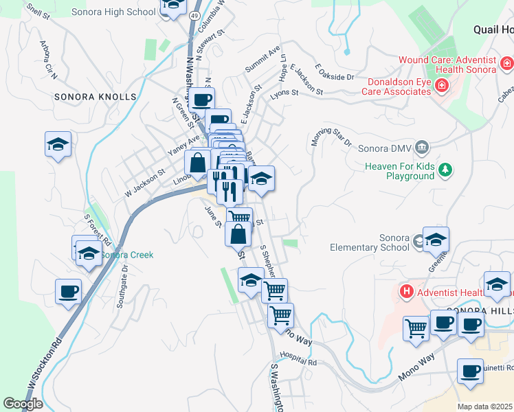 map of restaurants, bars, coffee shops, grocery stores, and more near 299 South Stewart Street in Sonora