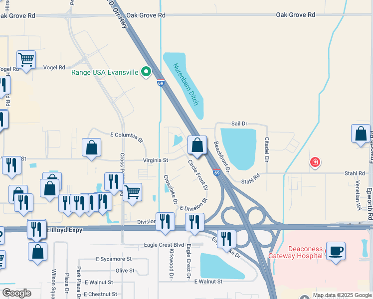 map of restaurants, bars, coffee shops, grocery stores, and more near 7823 Circle Front Drive in Evansville