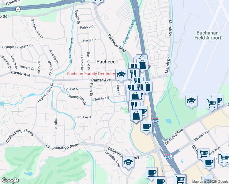 map of restaurants, bars, coffee shops, grocery stores, and more near 129 Deodar Drive in Pacheco