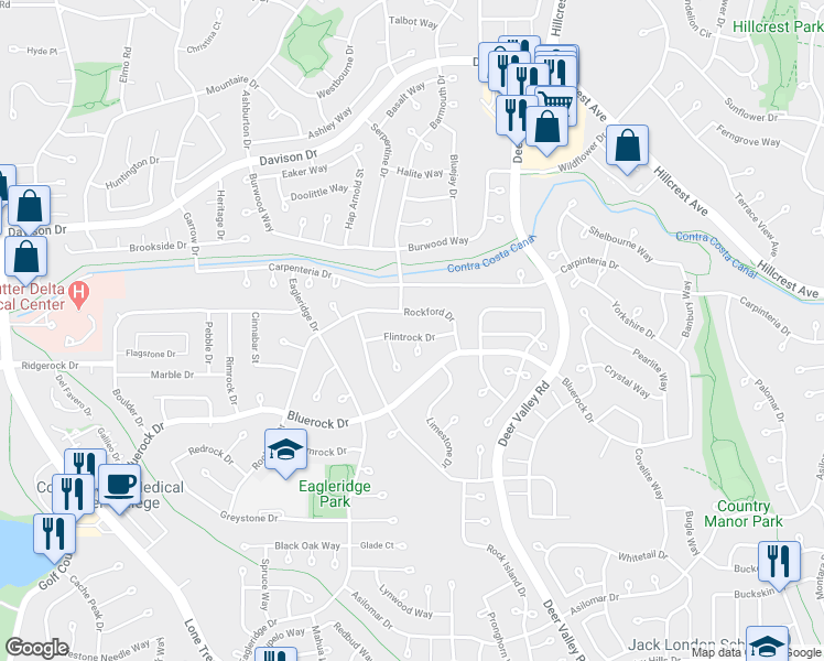 map of restaurants, bars, coffee shops, grocery stores, and more near 929 Flintrock Drive in Antioch