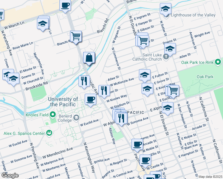 map of restaurants, bars, coffee shops, grocery stores, and more near 228 West Fulton Street in Stockton