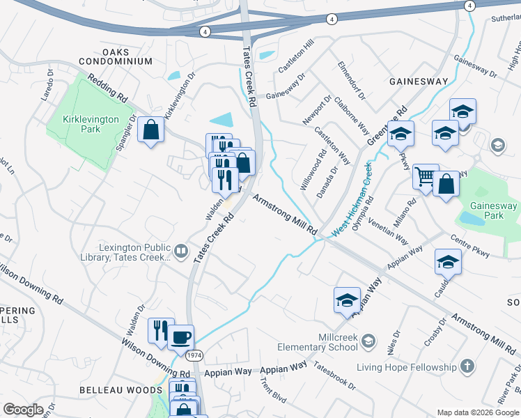 map of restaurants, bars, coffee shops, grocery stores, and more near 3650 Tates Creek Road in Lexington