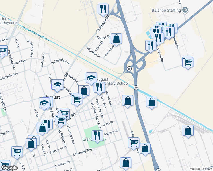 map of restaurants, bars, coffee shops, grocery stores, and more near 3300 Waterloo Road in Stockton