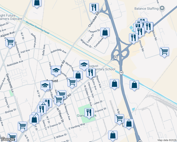 map of restaurants, bars, coffee shops, grocery stores, and more near 3203 Waterloo Road in Stockton