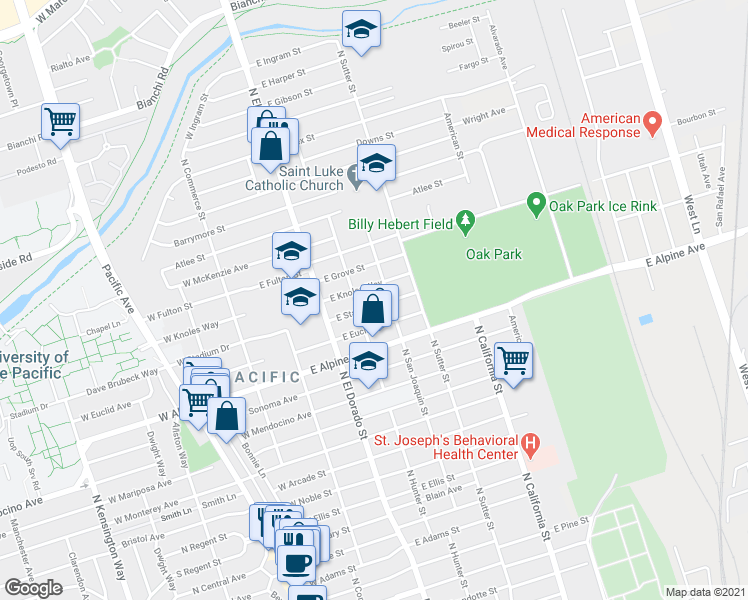 map of restaurants, bars, coffee shops, grocery stores, and more near 233 East Euclid Avenue in Stockton