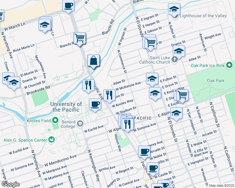 map of restaurants, bars, coffee shops, grocery stores, and more near 228 West Fulton Street in Stockton