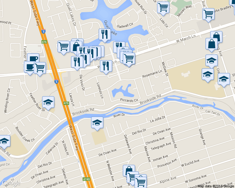 map of restaurants, bars, coffee shops, grocery stores, and more near 2285 Piccardo Circle in Stockton