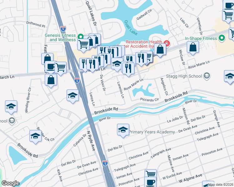 map of restaurants, bars, coffee shops, grocery stores, and more near 4425 Plato Court in Stockton