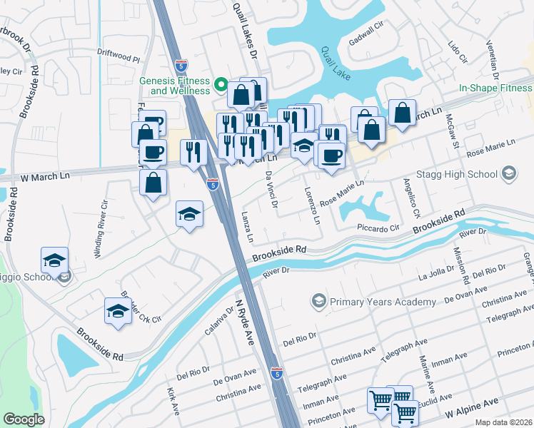 map of restaurants, bars, coffee shops, grocery stores, and more near 4328 Julius Court in Stockton