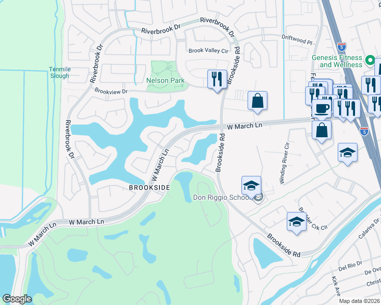 map of restaurants, bars, coffee shops, grocery stores, and more near 3737 Saint Andrews Drive in Stockton