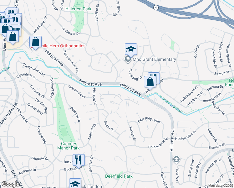 map of restaurants, bars, coffee shops, grocery stores, and more near 2948 Winding Lane in Antioch