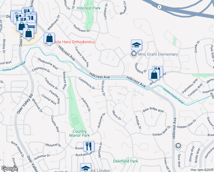 map of restaurants, bars, coffee shops, grocery stores, and more near 2740 Winding Lane in Antioch