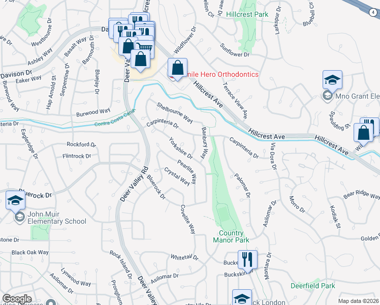 map of restaurants, bars, coffee shops, grocery stores, and more near 2503 Pearlite Way in Antioch
