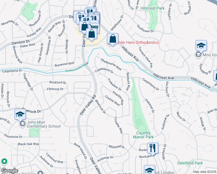 map of restaurants, bars, coffee shops, grocery stores, and more near 2422 Pearlite Way in Antioch