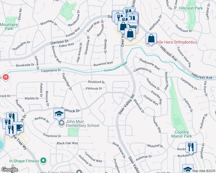 map of restaurants, bars, coffee shops, grocery stores, and more near 3801 Rockford Drive in Antioch