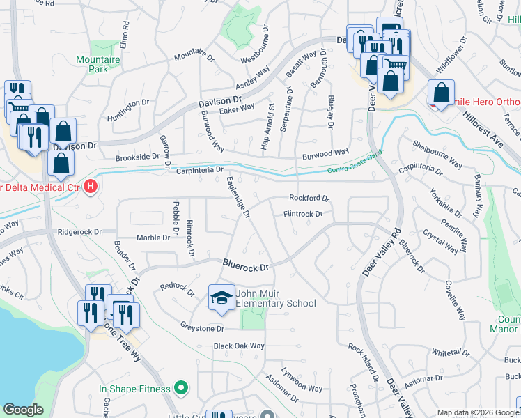map of restaurants, bars, coffee shops, grocery stores, and more near 4013 Eagleridge Drive in Antioch