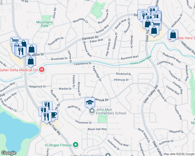map of restaurants, bars, coffee shops, grocery stores, and more near 4012 Rockford Drive in Antioch