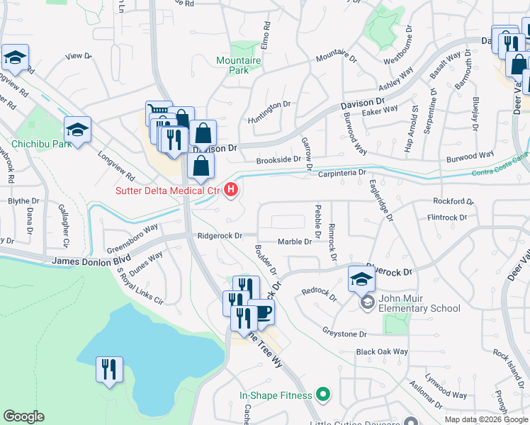 map of restaurants, bars, coffee shops, grocery stores, and more near 3916 Boulder Drive in Antioch