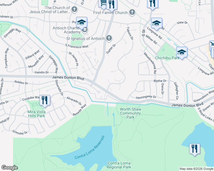 map of restaurants, bars, coffee shops, grocery stores, and more near 18 James Donlon Boulevard in Antioch