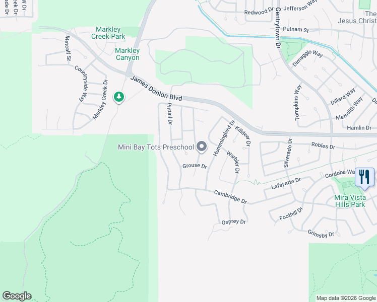 map of restaurants, bars, coffee shops, grocery stores, and more near 3590 Waxwing Court in Antioch
