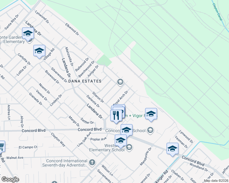 map of restaurants, bars, coffee shops, grocery stores, and more near 3937 Majestic Drive in Concord