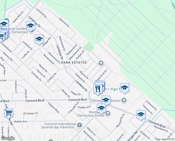 map of restaurants, bars, coffee shops, grocery stores, and more near 1772 Sharon Drive in Concord
